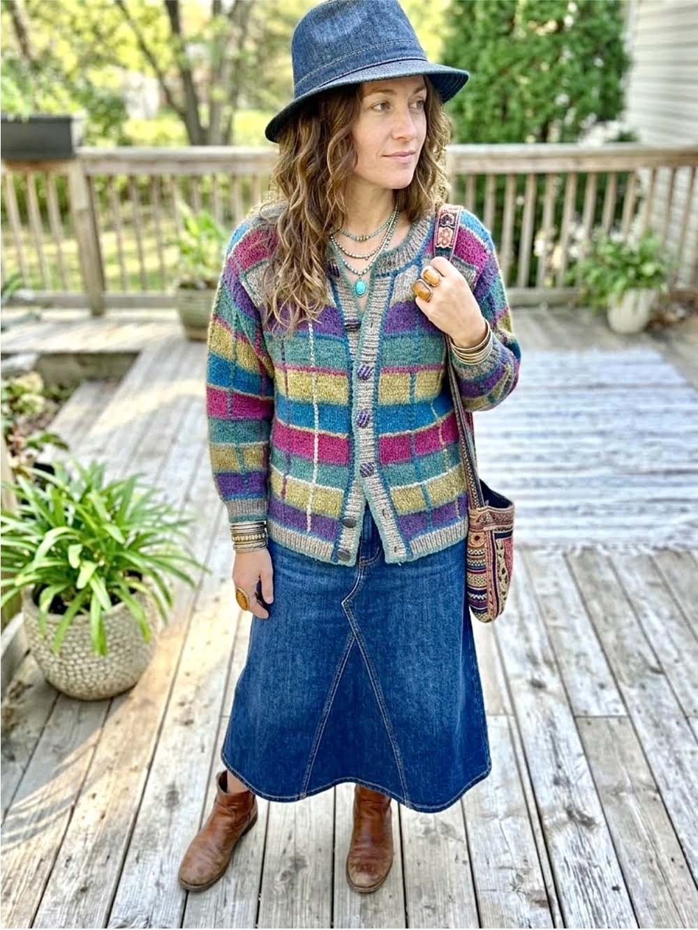 Artisan patchwork vibe boho wool knit sweater w cottagecore country prairie vibe - Picture 3 of 16